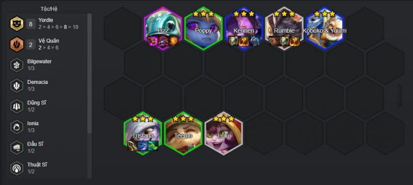 Đội hình Yordle gồm Rumble, Lulu, Teemo, Poppy, Tristana, Kennen, Kobuko và Fizz